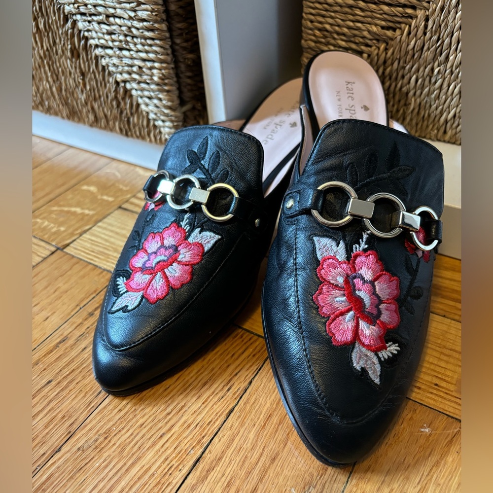 Kate Spade "Canyon" Black Leather Embroidered Mules Size 6.5